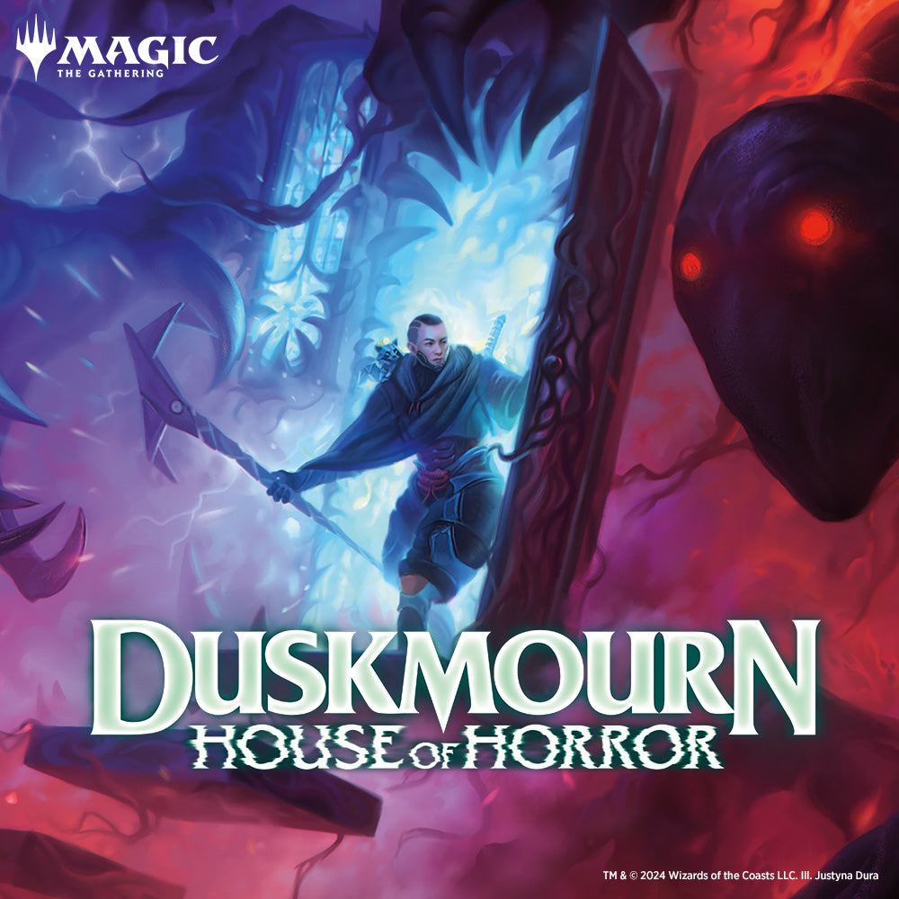 Cover of 'Duskmourn: House of Horror' from 'Magic: The Gathering' with a character holding a weapon and a dark figure.