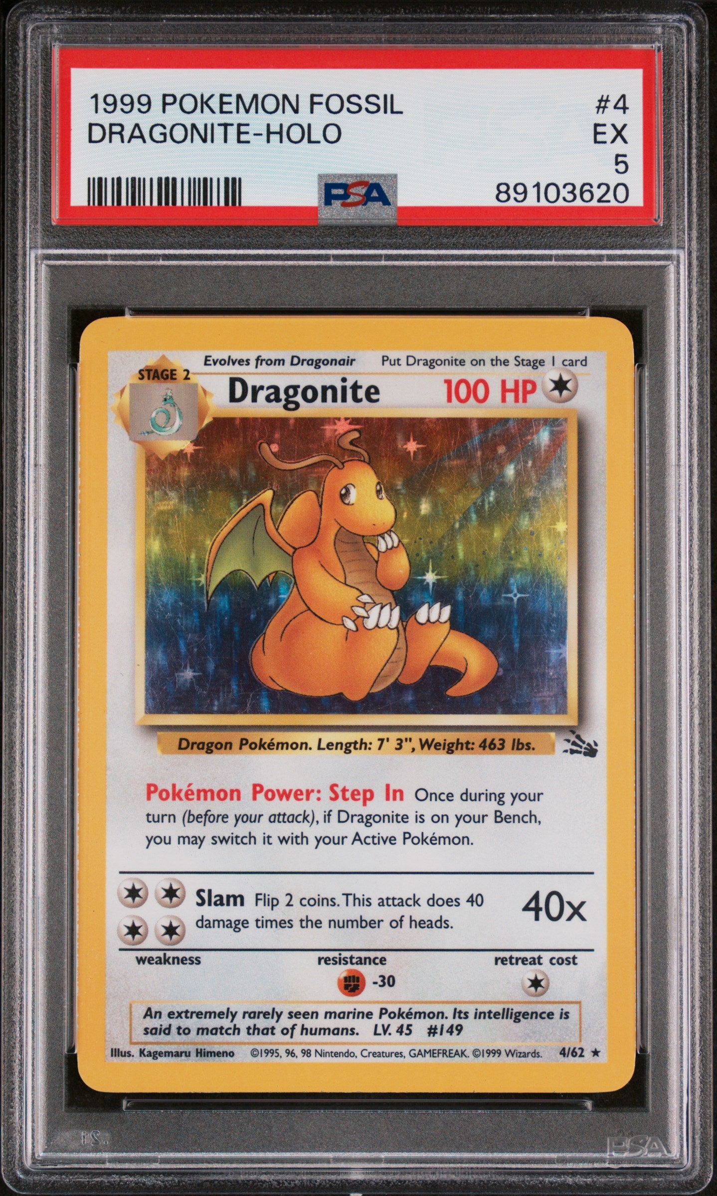1999 Pokemon Fossil #4 Dragonite-Holo PSA 5