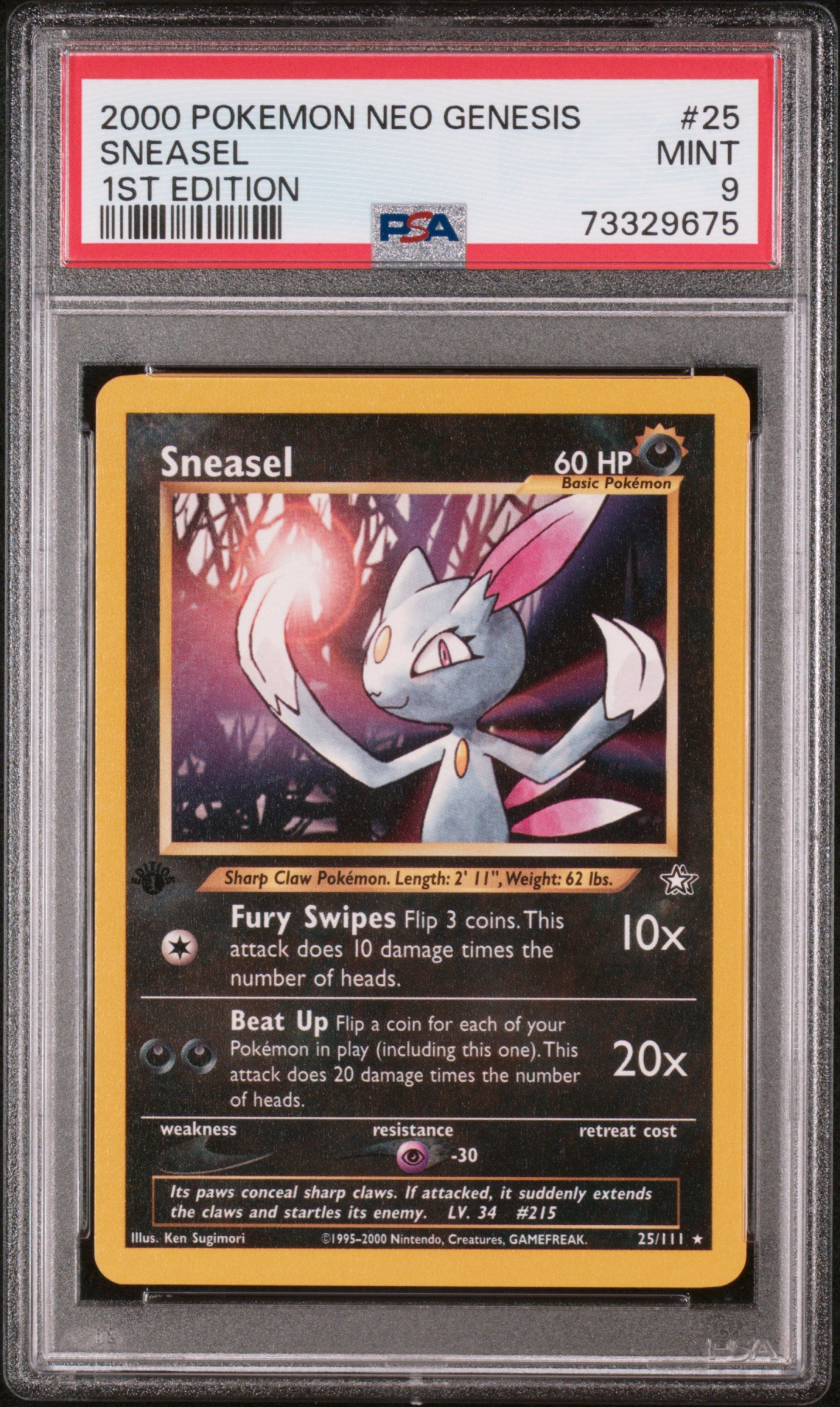 2000 Pokemon Neo Genesis 1st Edition #25 Sneasel 1st Edition PSA 9