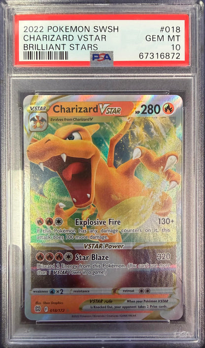2022 Pokemon Sword & Shield Brilliant Stars #018 Charizard Vstar PSA 10
