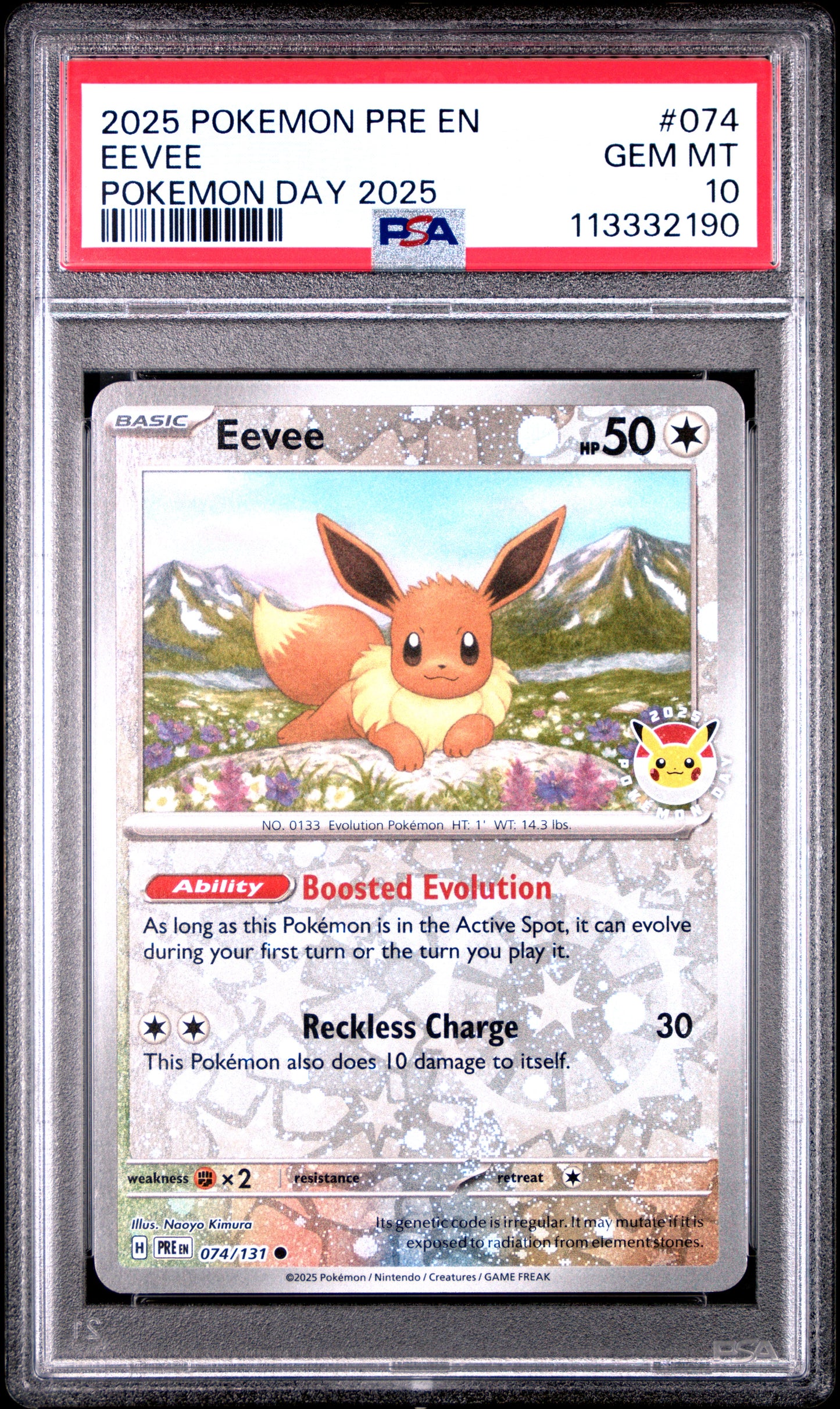 2025 Pokemon Pre En-Prismatic Evolutions #074 Eevee Pokemon Day 2025 PSA 10