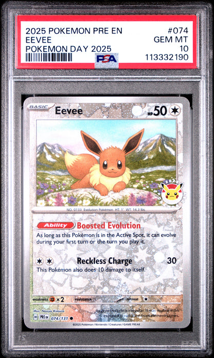 2025 Pokemon Pre En-Prismatic Evolutions #074 Eevee Pokemon Day 2025 PSA 10
