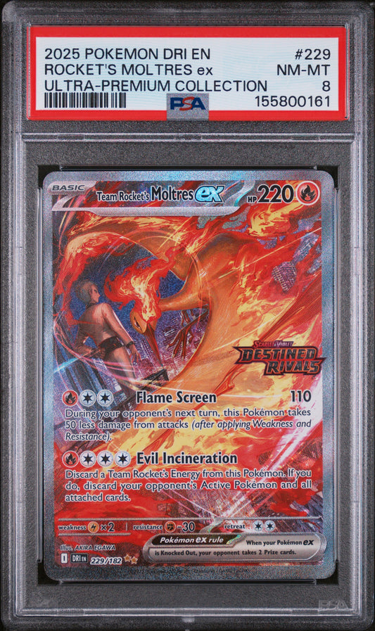 2025 Pokemon Destined Rivals #229 Rocket'S Moltres Ex UPC PSA 8