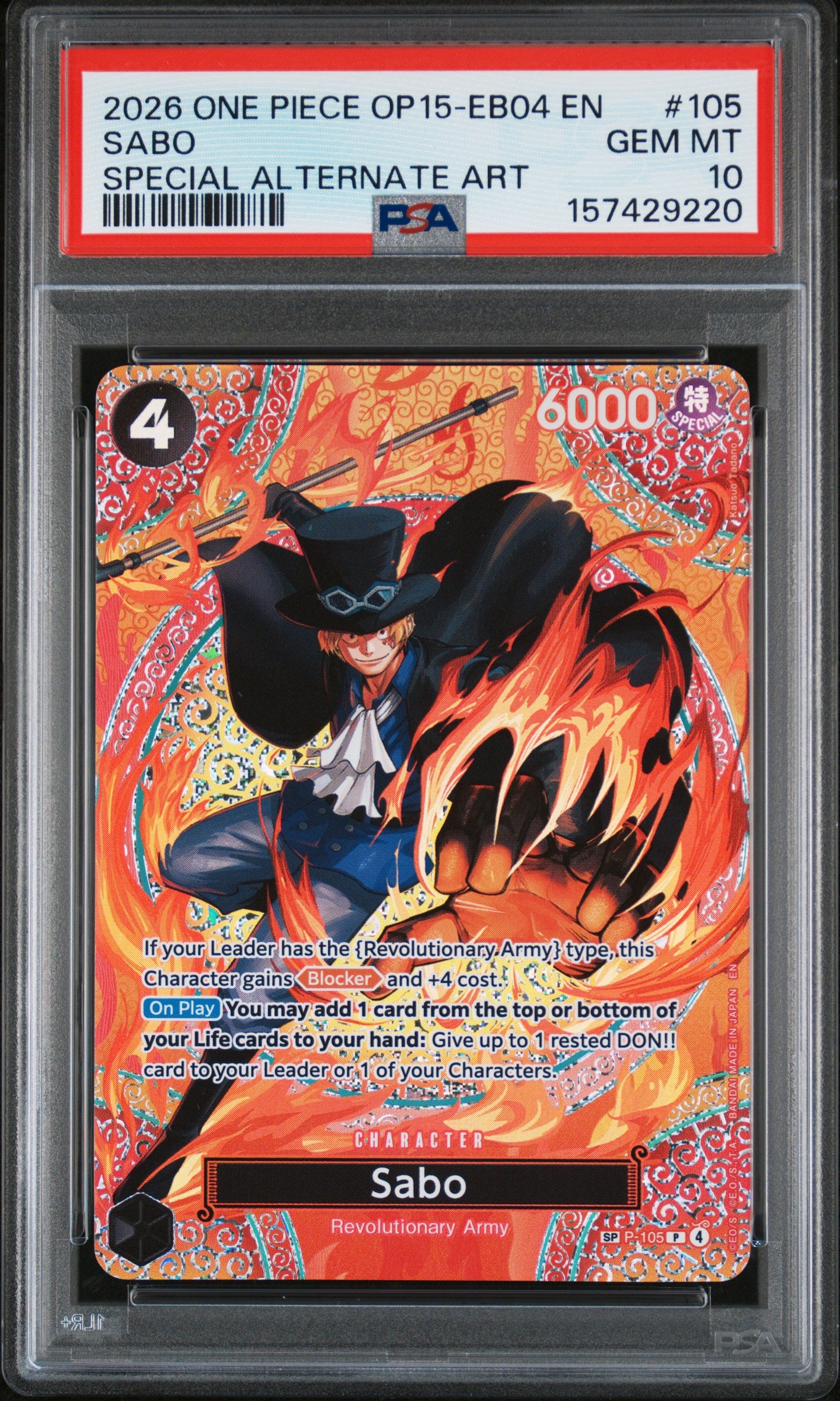 2026 One Piece Op15-Eb04-Adventure On Kami'S Island #105 Sabo SP Art PSA 10