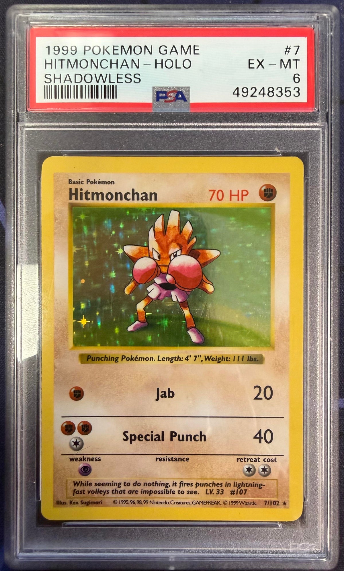 1999 Pokemon Game #7 Hitmonchan-Holo Shadowless PSA 6